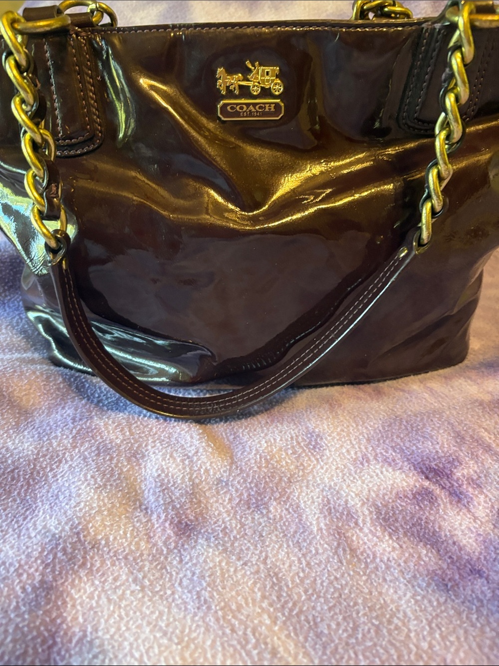 COACH Patent Leather Shoulder Bag in Dark Burgundy with Gold Hardware